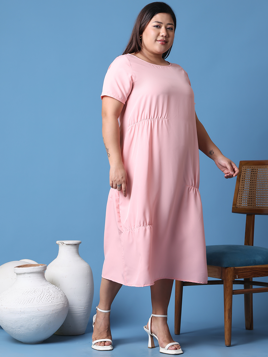 Women's Plus Size Pink Solid Color A-Line Crepe Dress