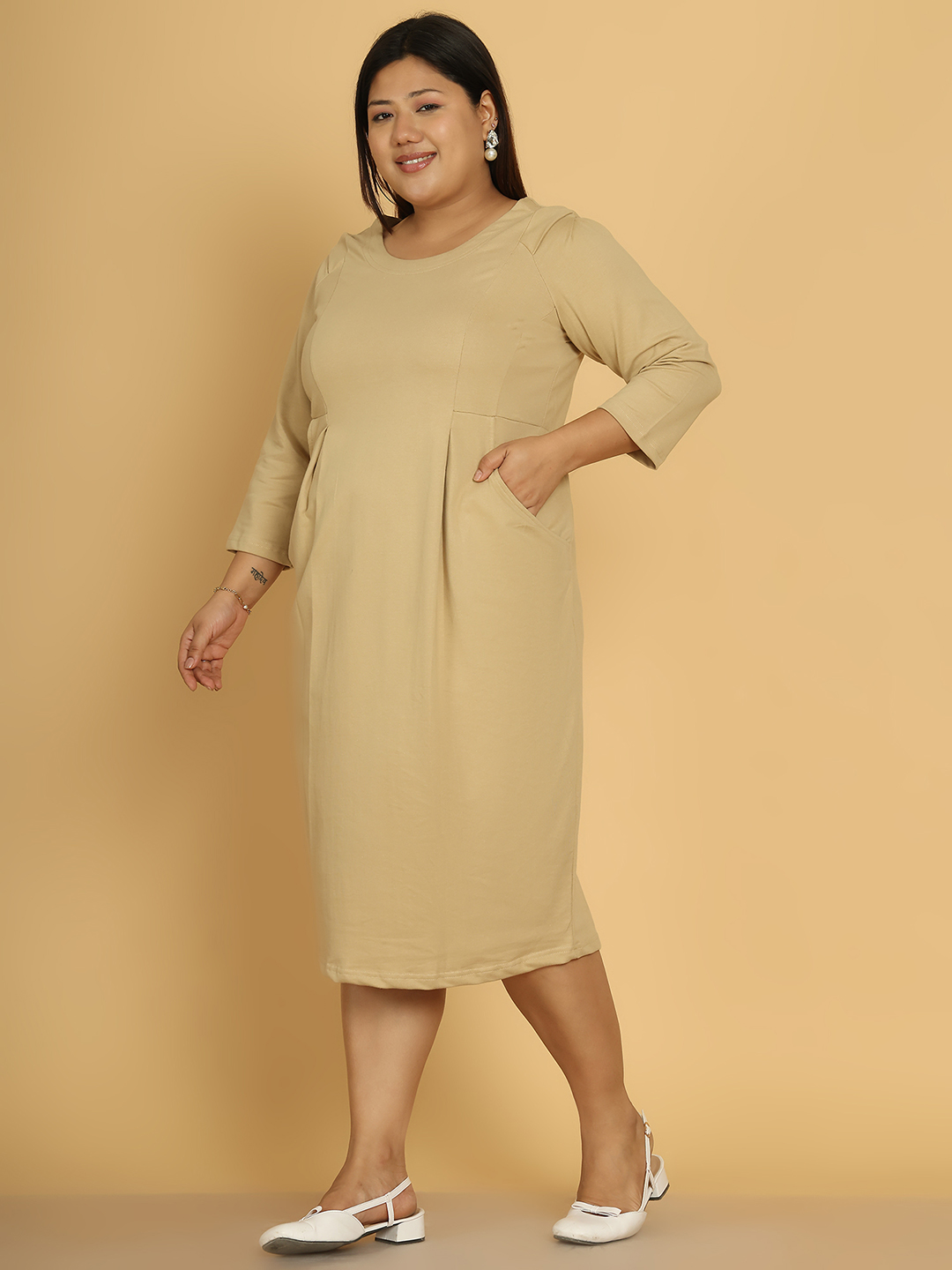 Women's Plus Size Beige solid color cotton knitted sheath dress