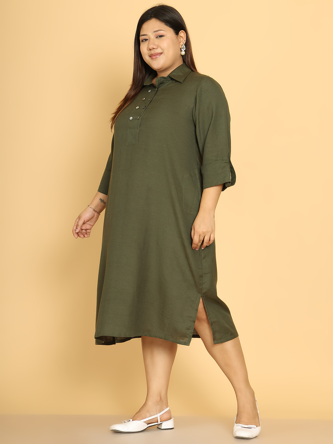 Women's Plus Size Olive Solid Color A-Line Linen Dress