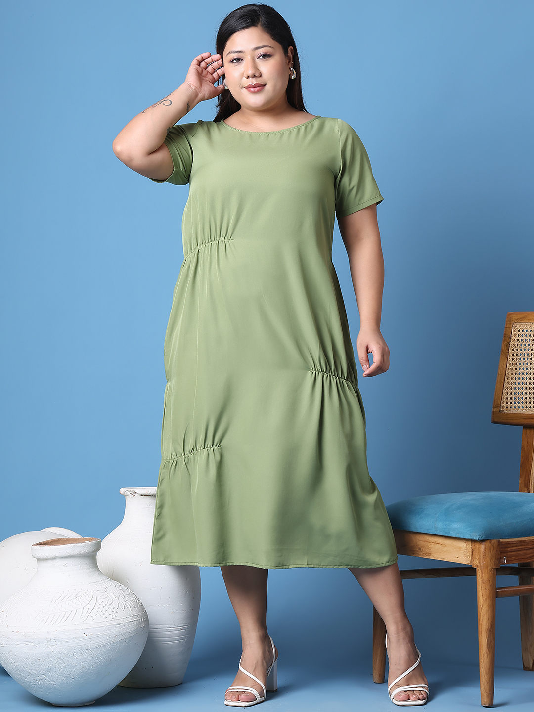 Women's Plus Size Green Solid Color A-Line Crepe Dress