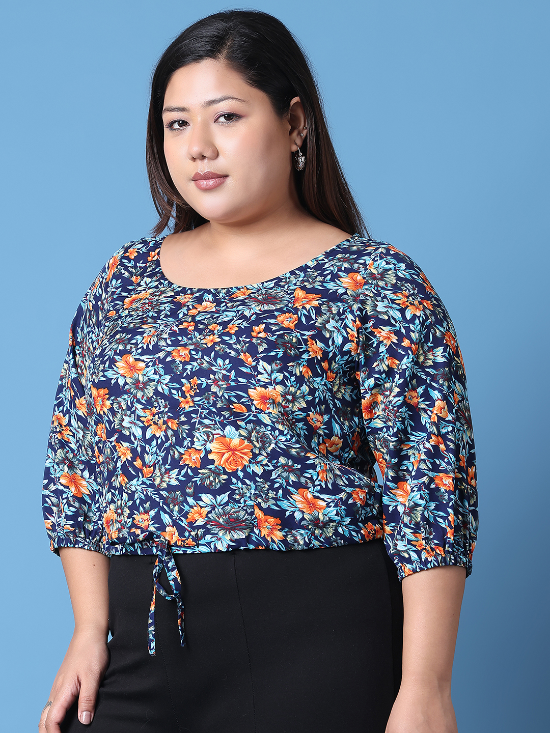 Women's Plus Size Navy Floral Printed Crepe Top