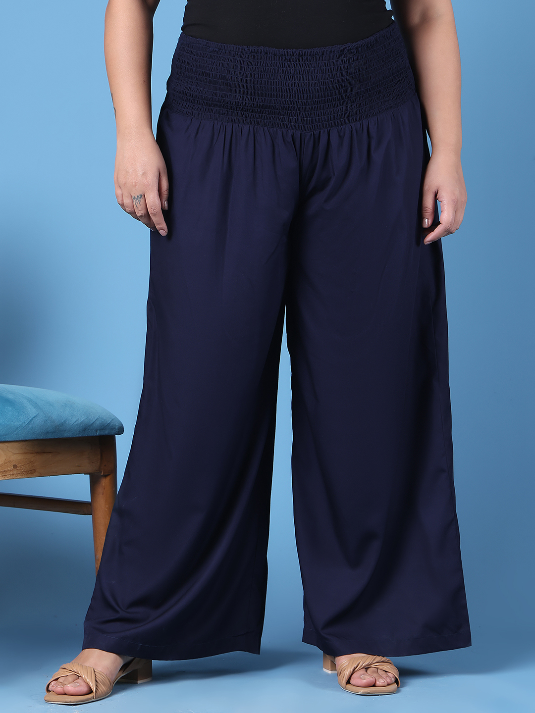 Women's Plus Size Navy Blue Solid Color Woven Wide Leg Flared Trouser