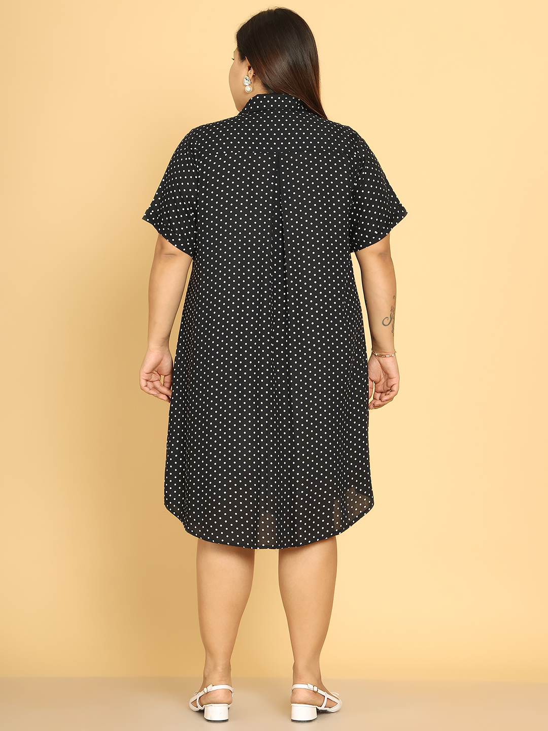 Women's Plus Size Black Polka Dot Printed A-Line Dress