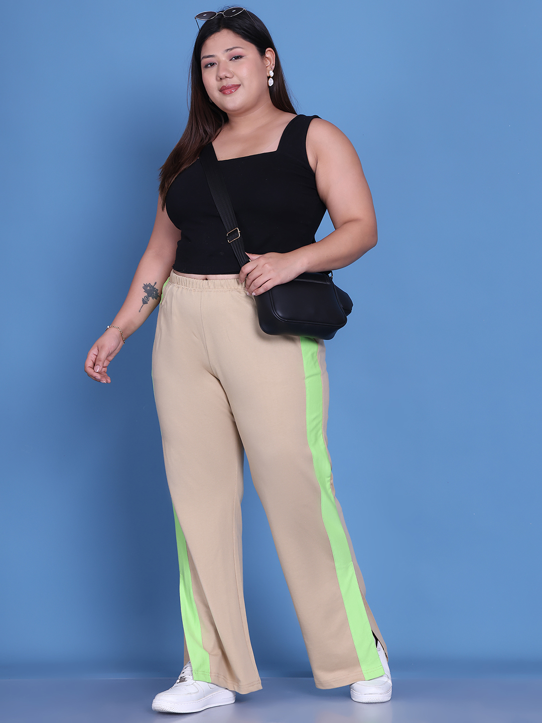 Women's Plus Size Beige & Sea Green Color Block Trouser