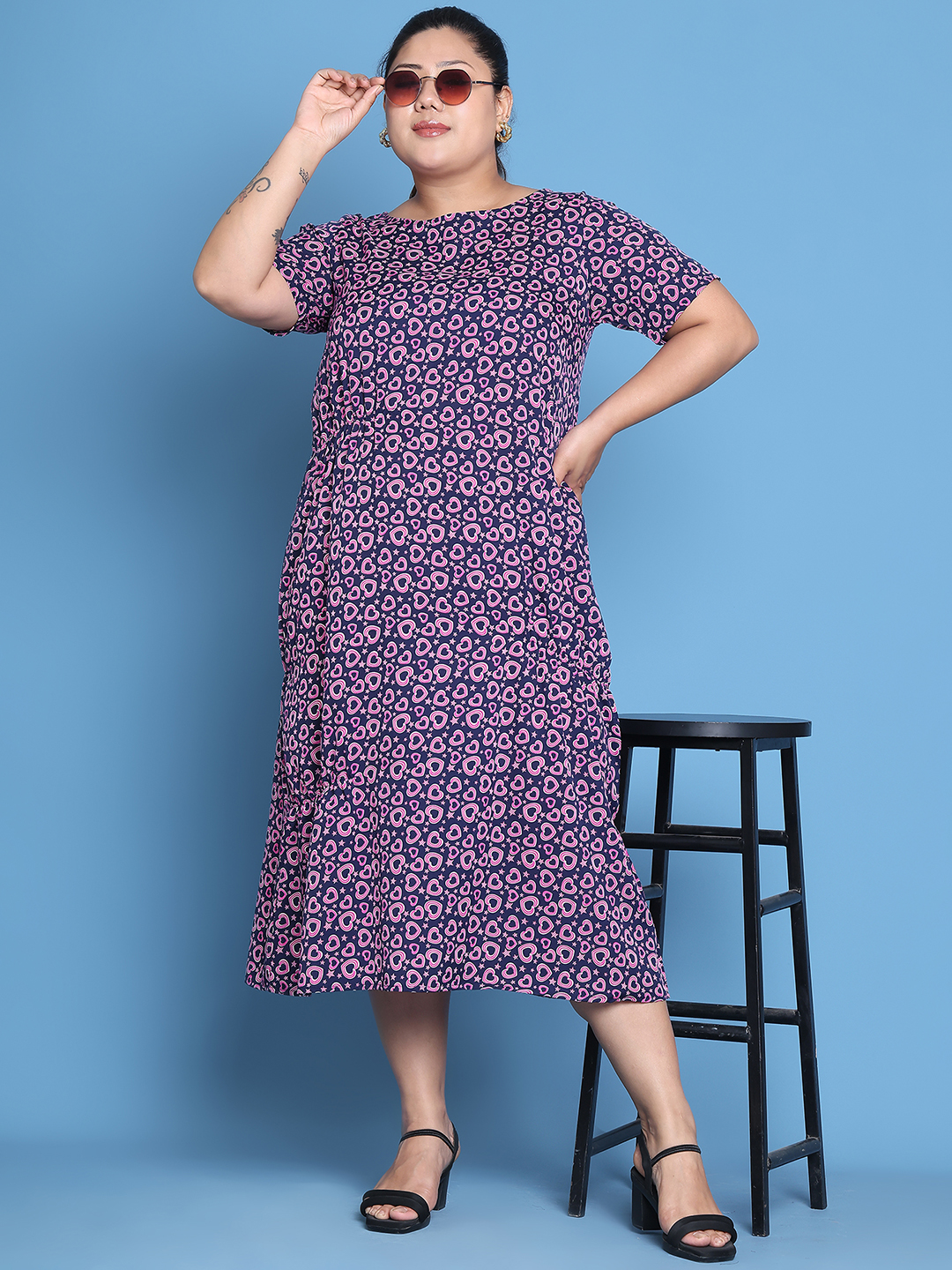Women's Plus Size Navy Heart Printed A-Line Crepe Dress