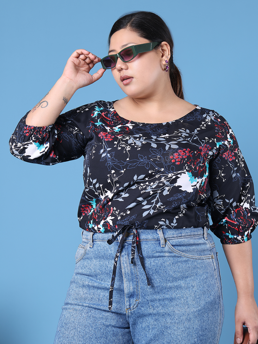 Women's Plus Size Black Floral Printed Crepe Top