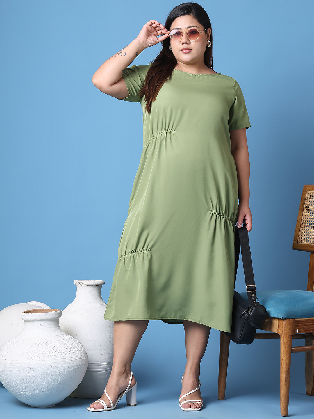 Women's Plus Size Green Solid Color A-Line Crepe Dress