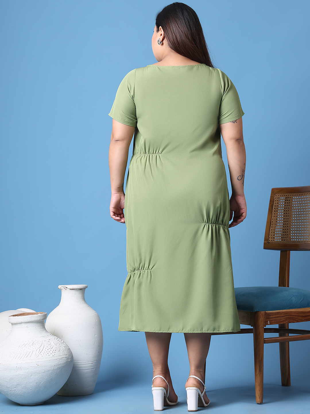 Women's Plus Size Green Solid Color A-Line Crepe Dress