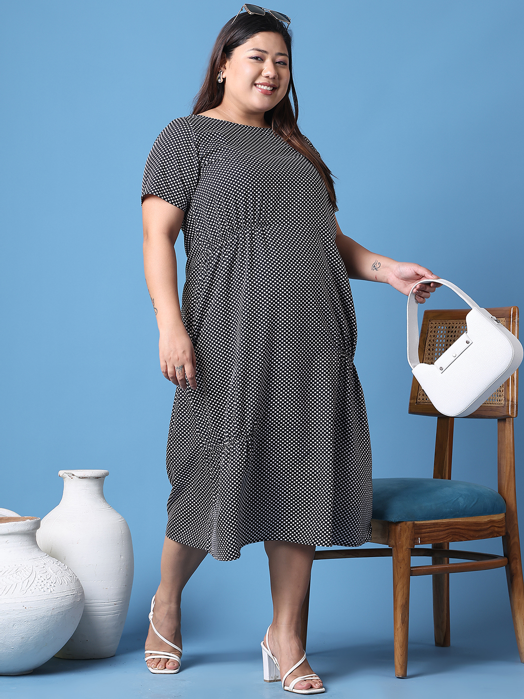 Women's Plus Size Black Geometric Printed A-Line Crepe Dress