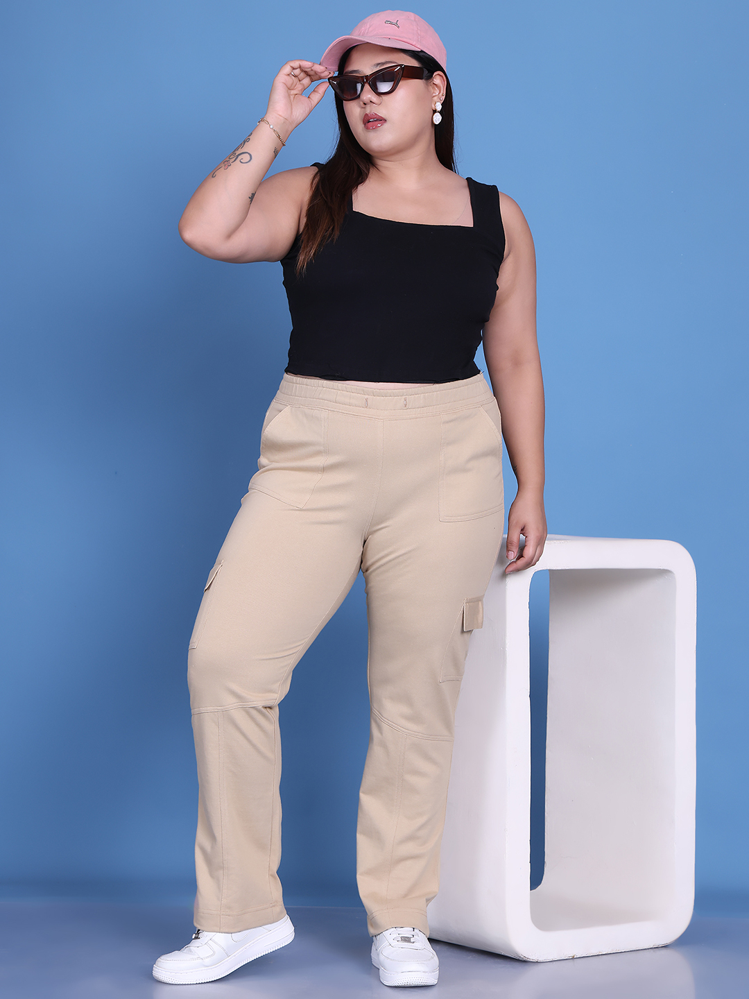 Women's Plus Size Beige Solid Color Cotton Knitted Cargo Trouser