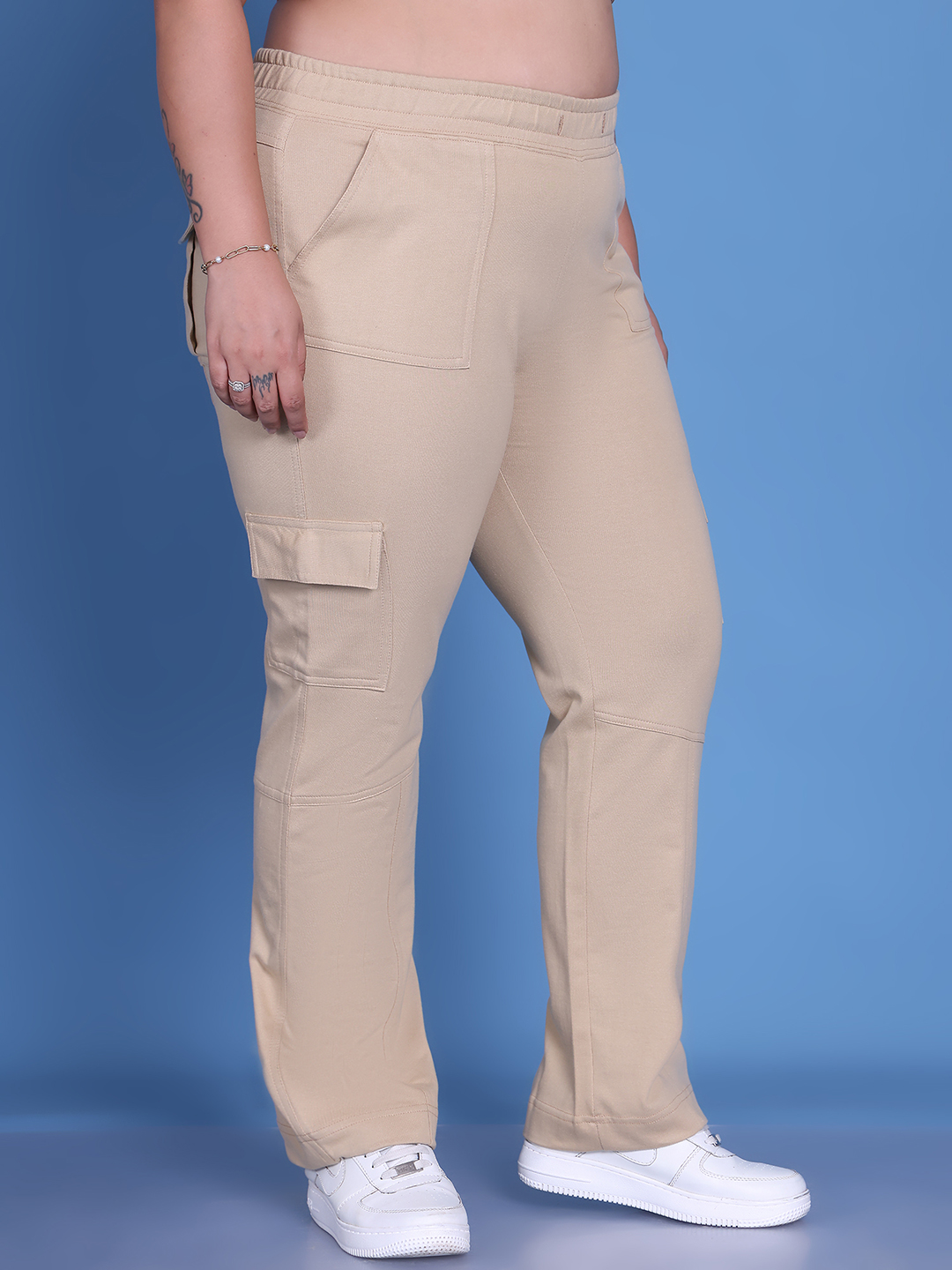 Women's Plus Size Beige Solid Color Cotton Knitted Cargo Trouser