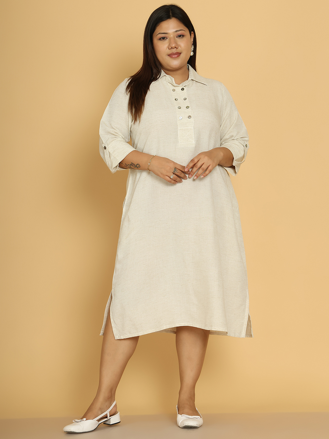 Women's Plus Size Khaki Solid Color A-Line Linen Dress