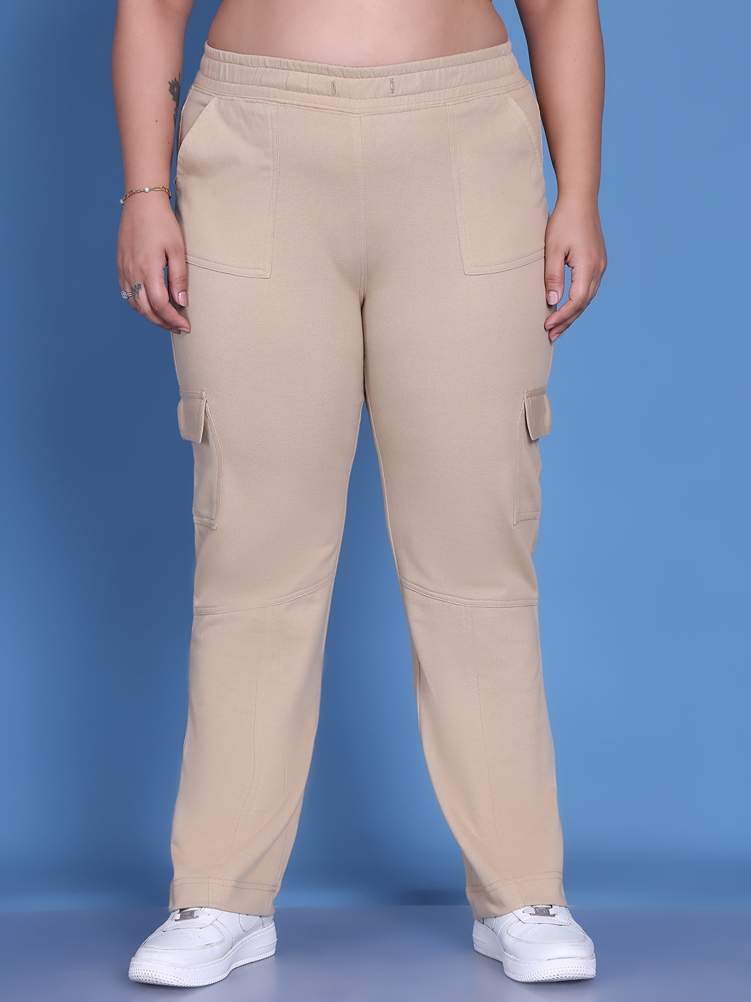 Women's Plus Size Beige Solid Color Cotton Knitted Cargo Trouser