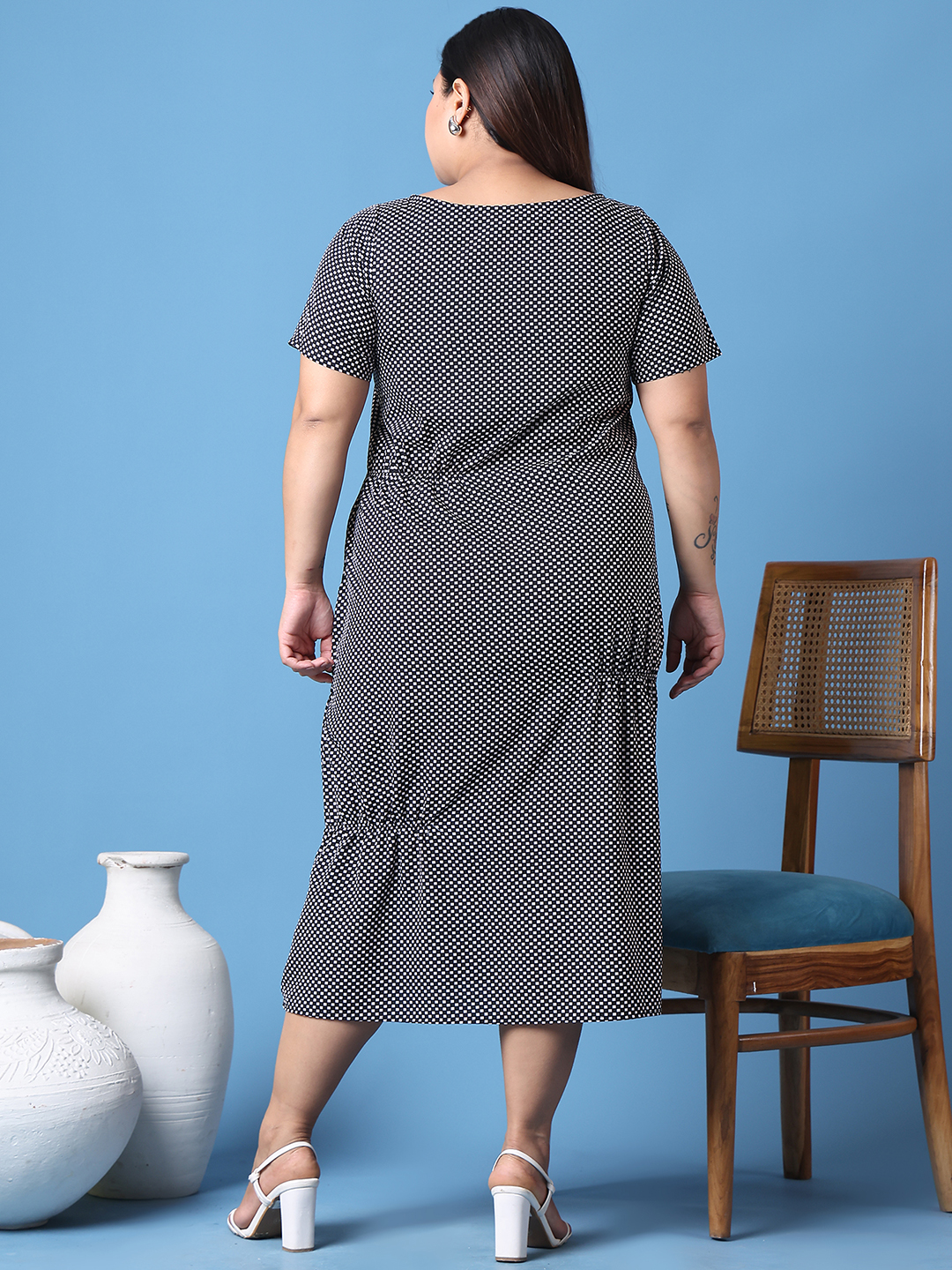 Women's Plus Size Black Geometric Printed A-Line Crepe Dress