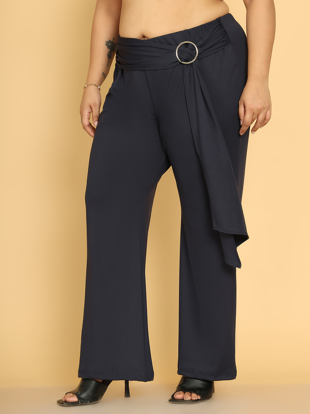 Women's Plus Size Navy Blue Solid Color Poly Trouser with waist knot tie-up detail