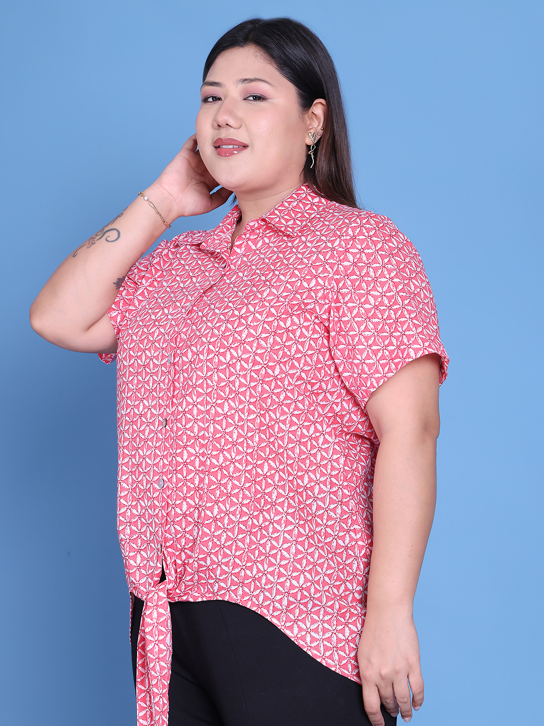 Women's Plus Size Pink Floral Printed Cotton Shirt