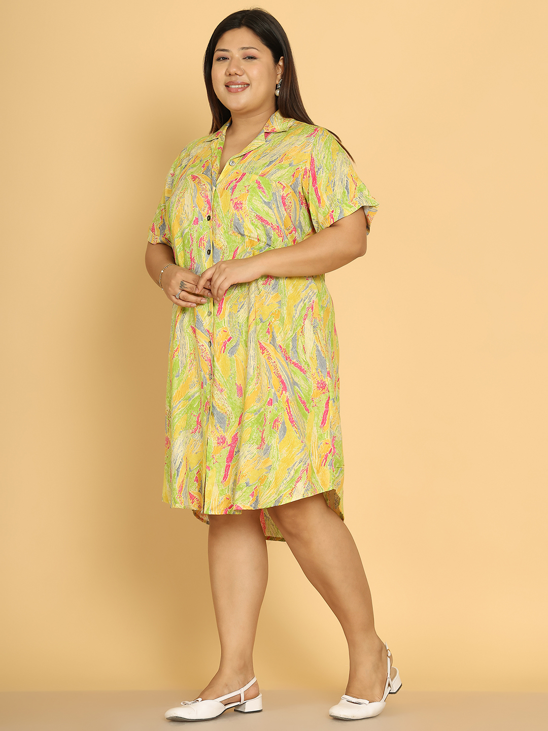 Women's Plus Size Yellow Gold Foil Printed A-Line Dress