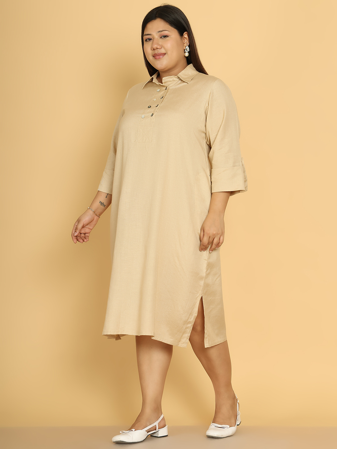 Women's Plus Size Beige Solid Color A-Line Linen Dress