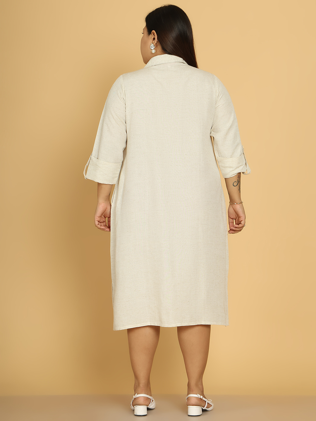 Women's Plus Size Khaki Solid Color A-Line Linen Dress