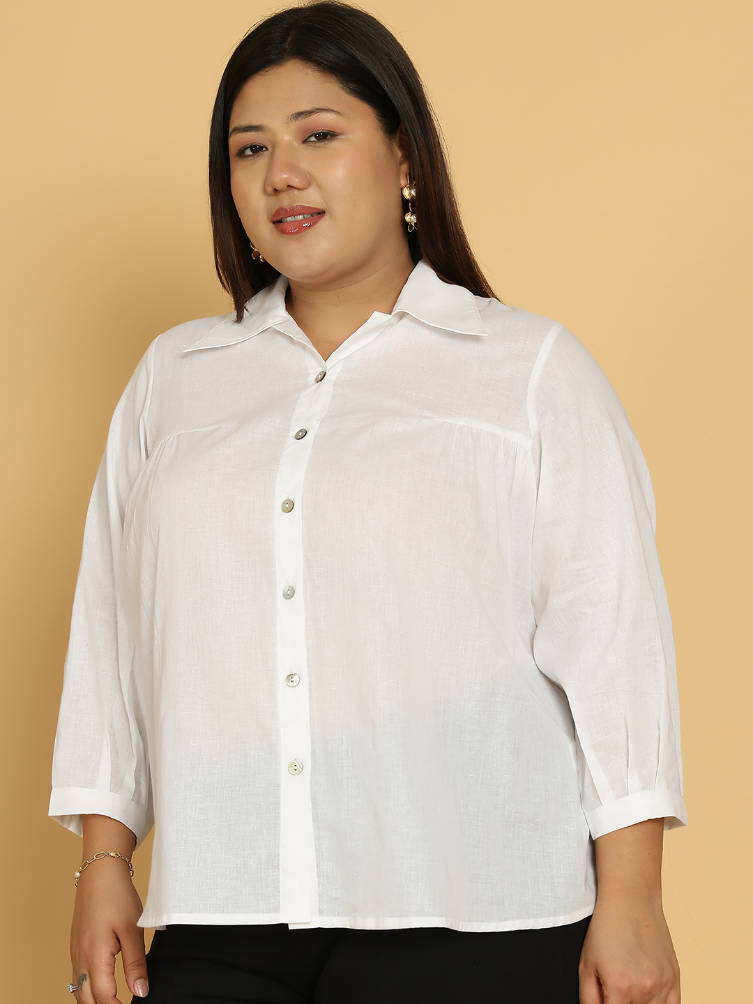 Women's Plus Size White Solid Color Cotton Shirt