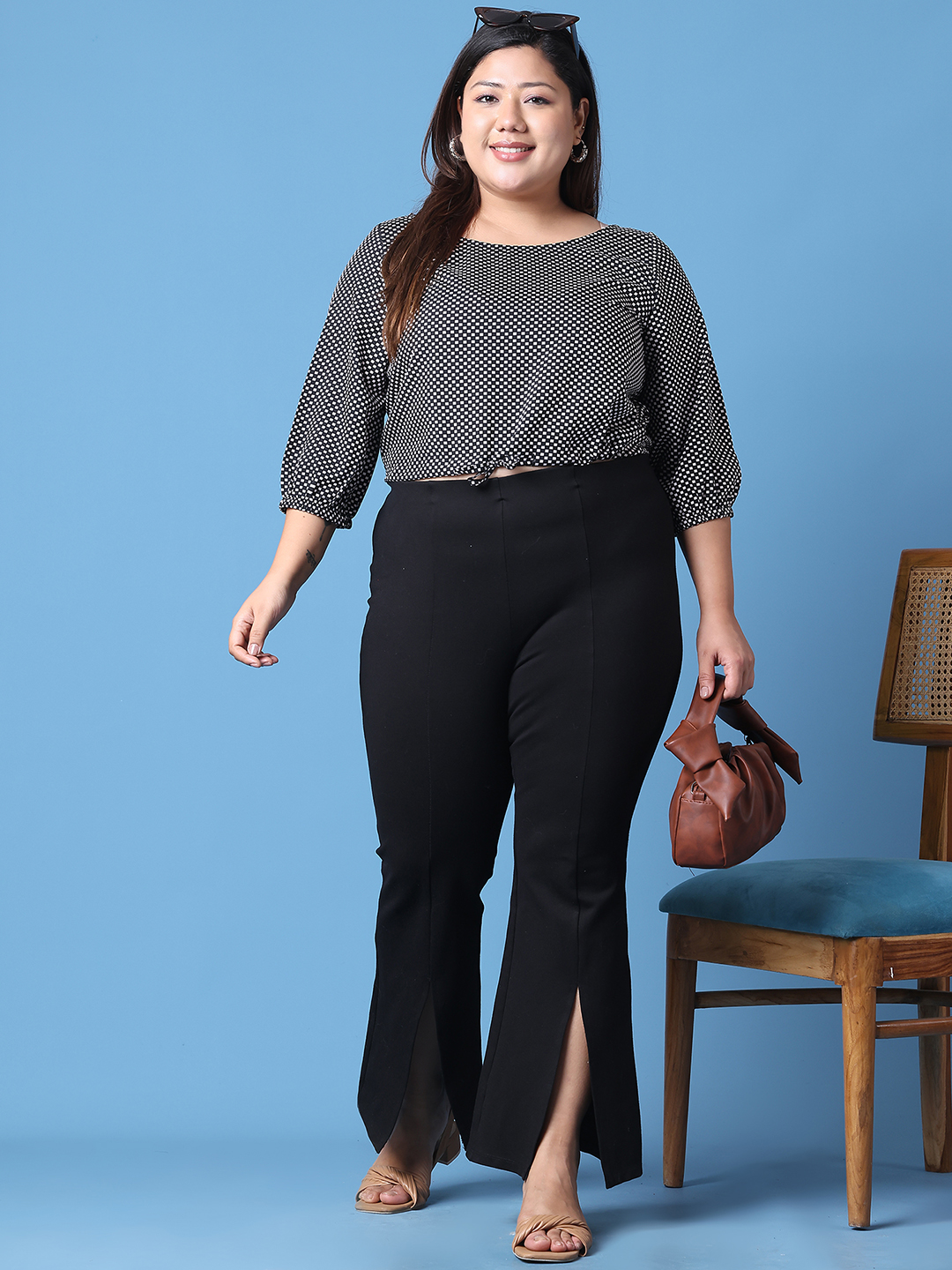 Women's Plus Size Black Geometric Printed Crepe Top