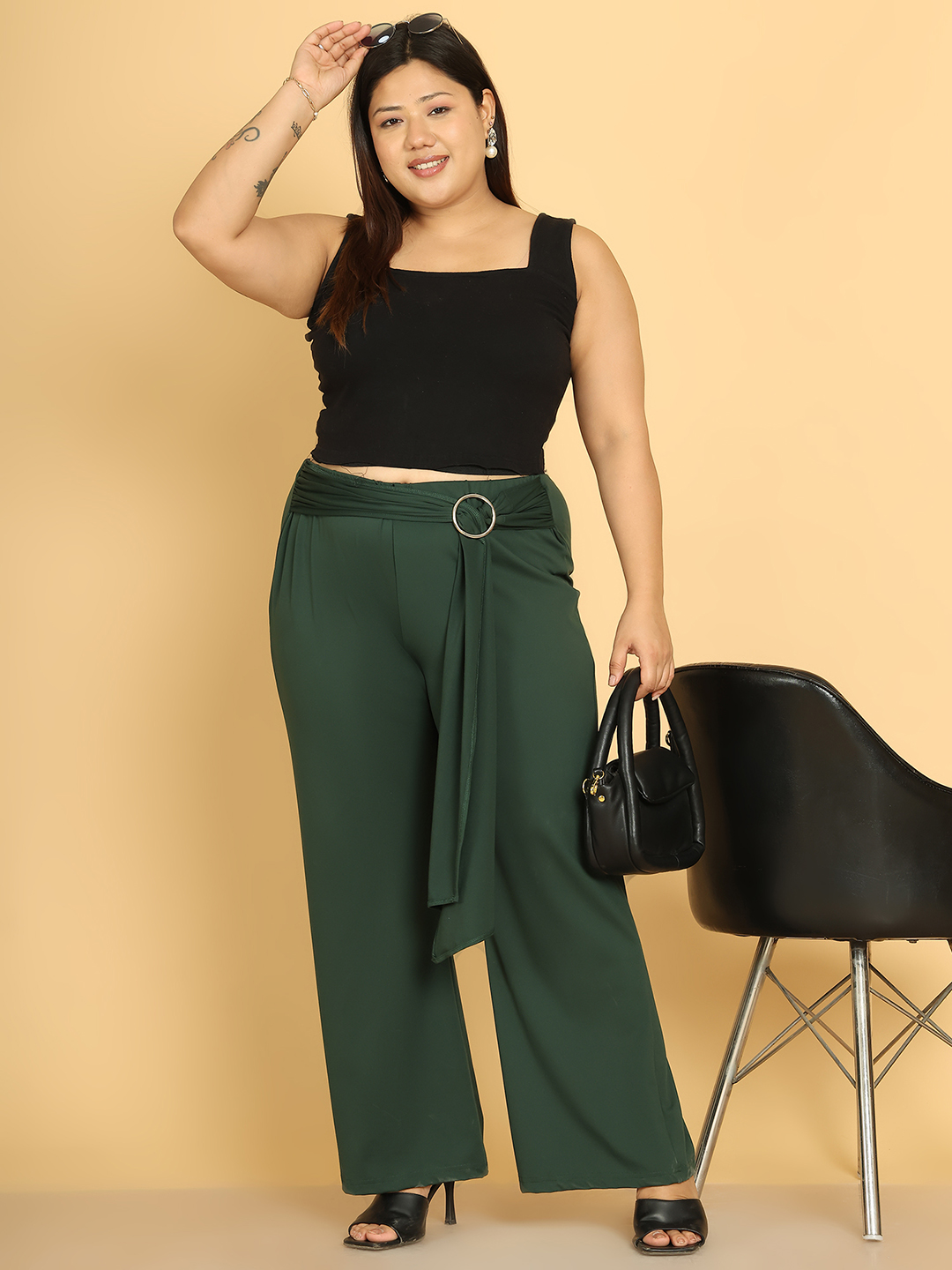 Women's Plus Size Olive Solid Color Poly Trouser with waist knot tie-up detail