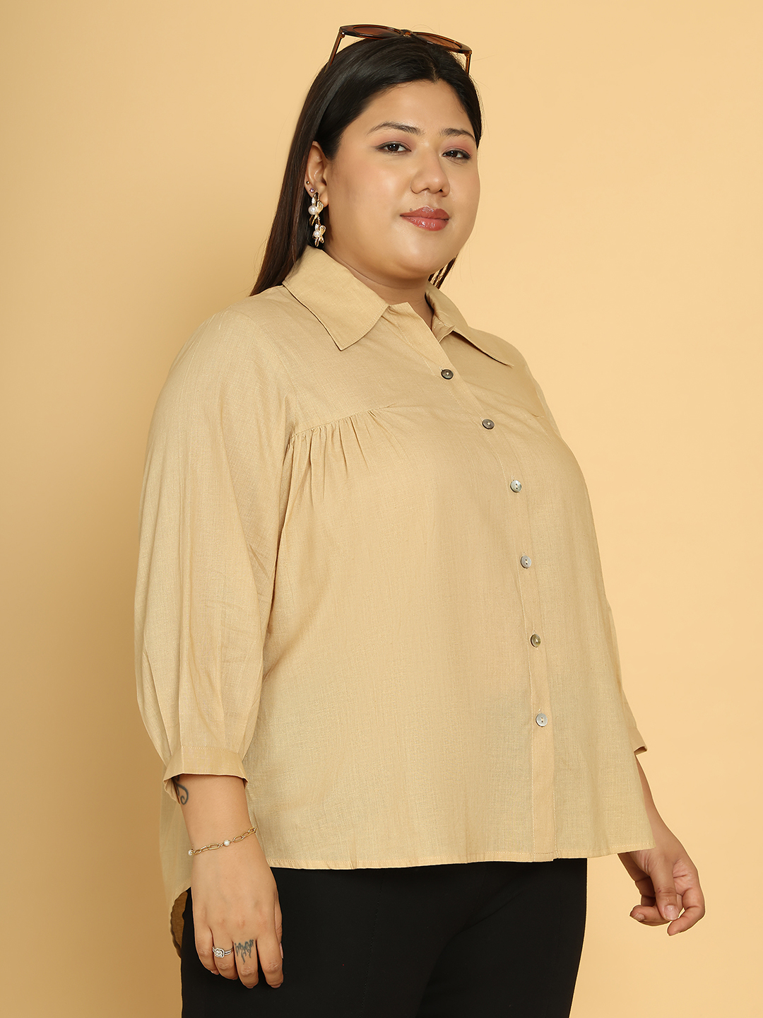 Women's Plus Size Beige Solid Color Cotton Shirt