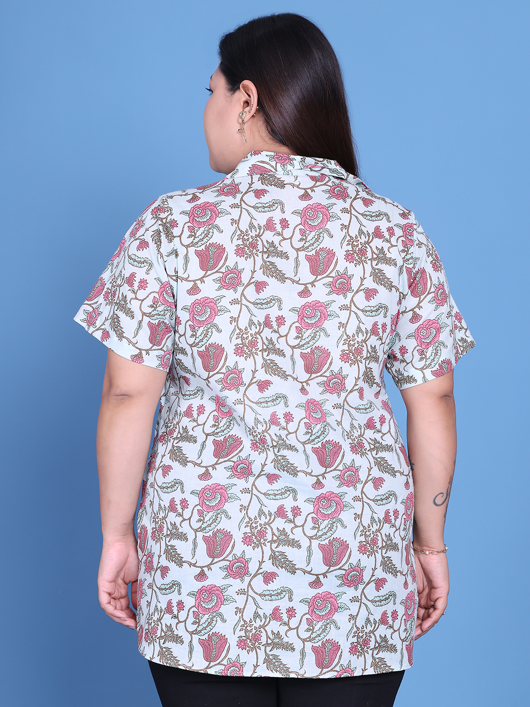 Women's Plus Size Sea Green Floral Printed Cotton Shirt