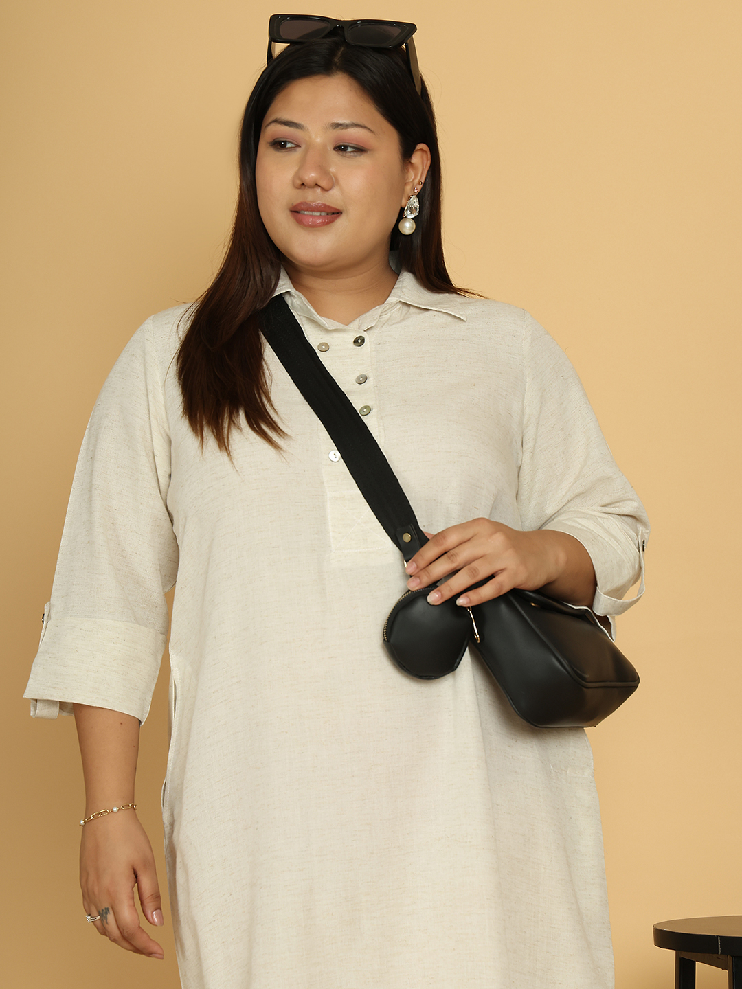 Women's Plus Size Khaki Solid Color A-Line Linen Dress