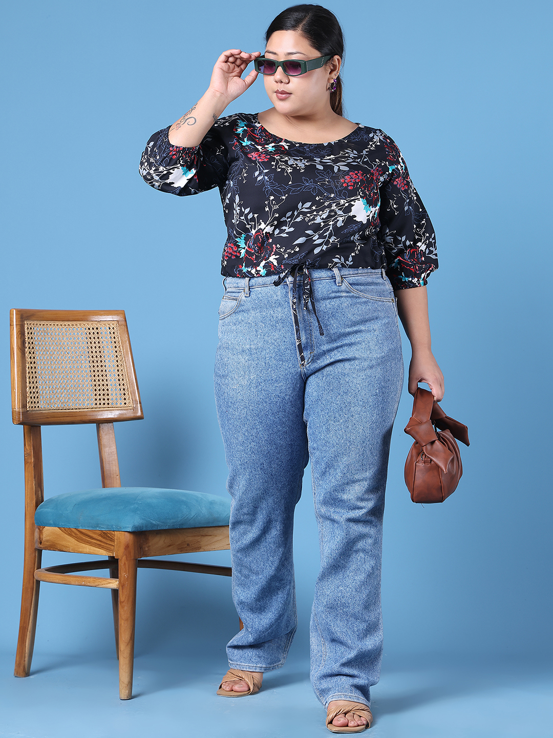 Women's Plus Size Black Floral Printed Crepe Top