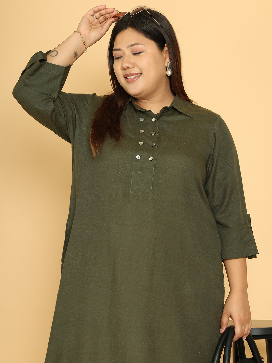 Women's Plus Size Olive Solid Color A-Line Linen Dress