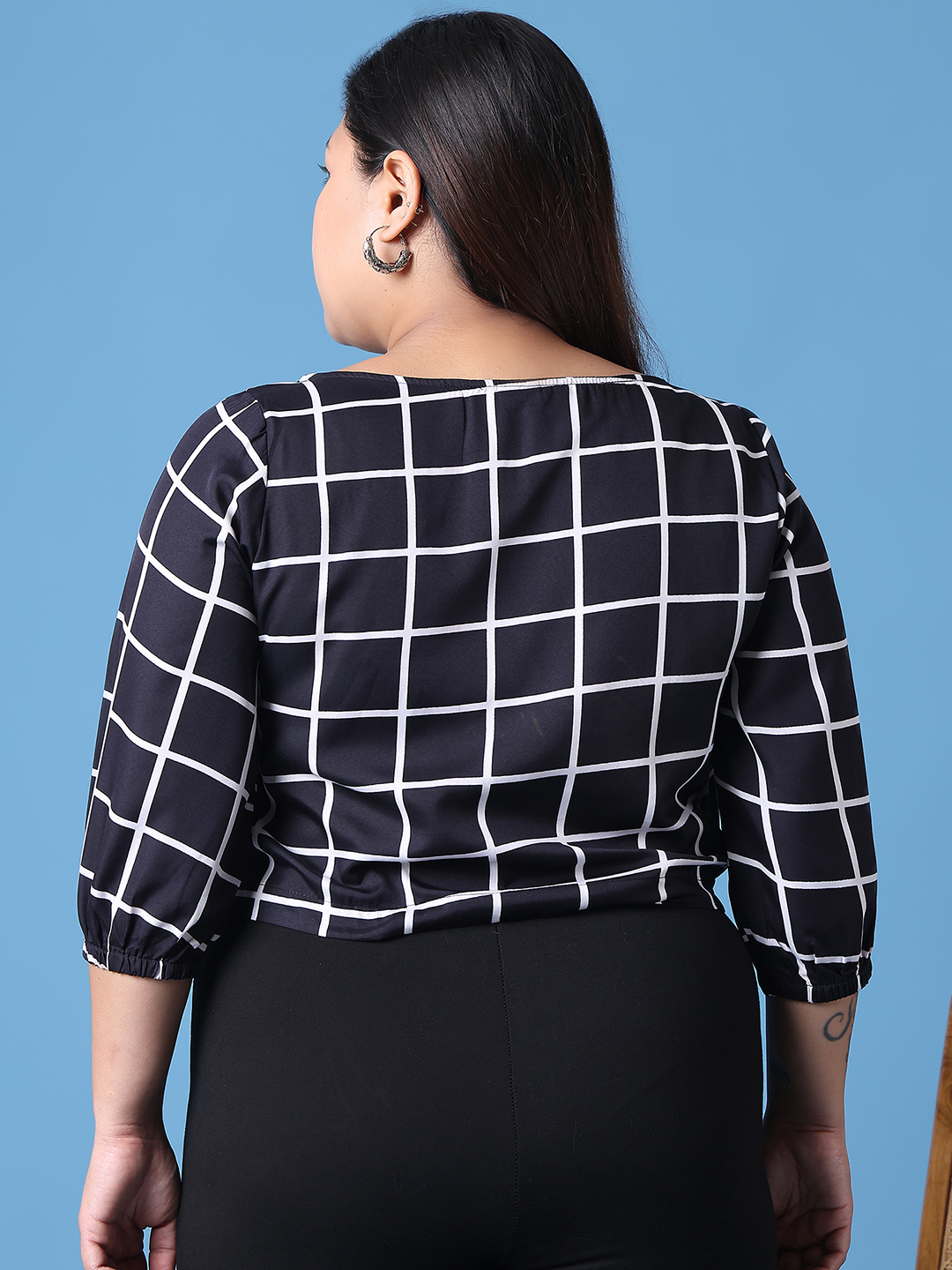 Women's Plus Size Black Check Printed Crepe Top