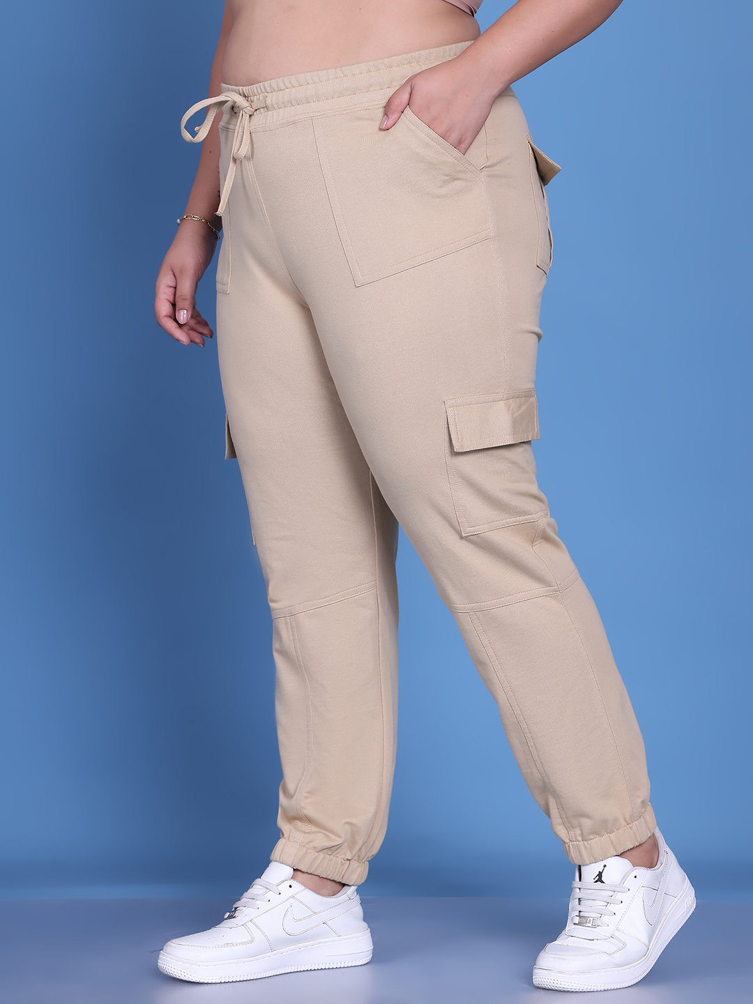Women's Plus Size Beige Solid Color Knitted Cargo Trouser