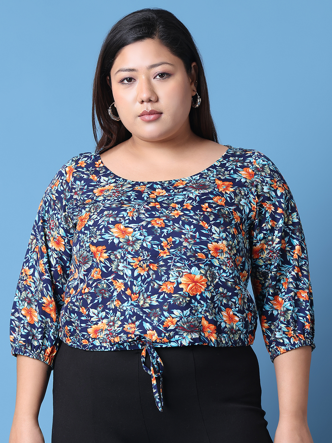 Women's Plus Size Navy Floral Printed Crepe Top