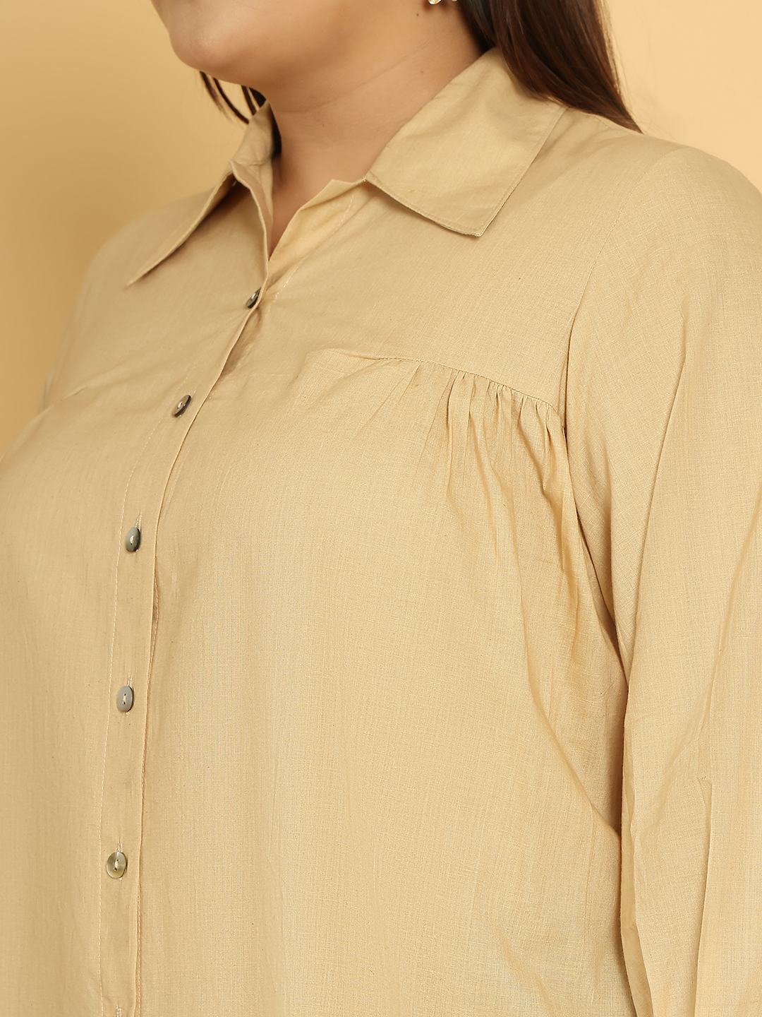Women's Plus Size Beige Solid Color Cotton Shirt