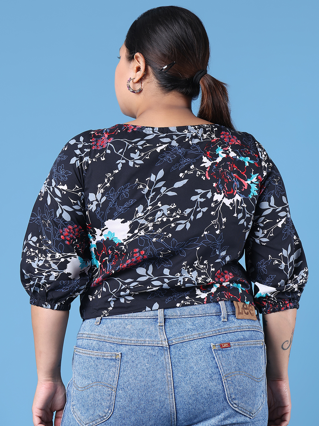Women's Plus Size Black Floral Printed Crepe Top
