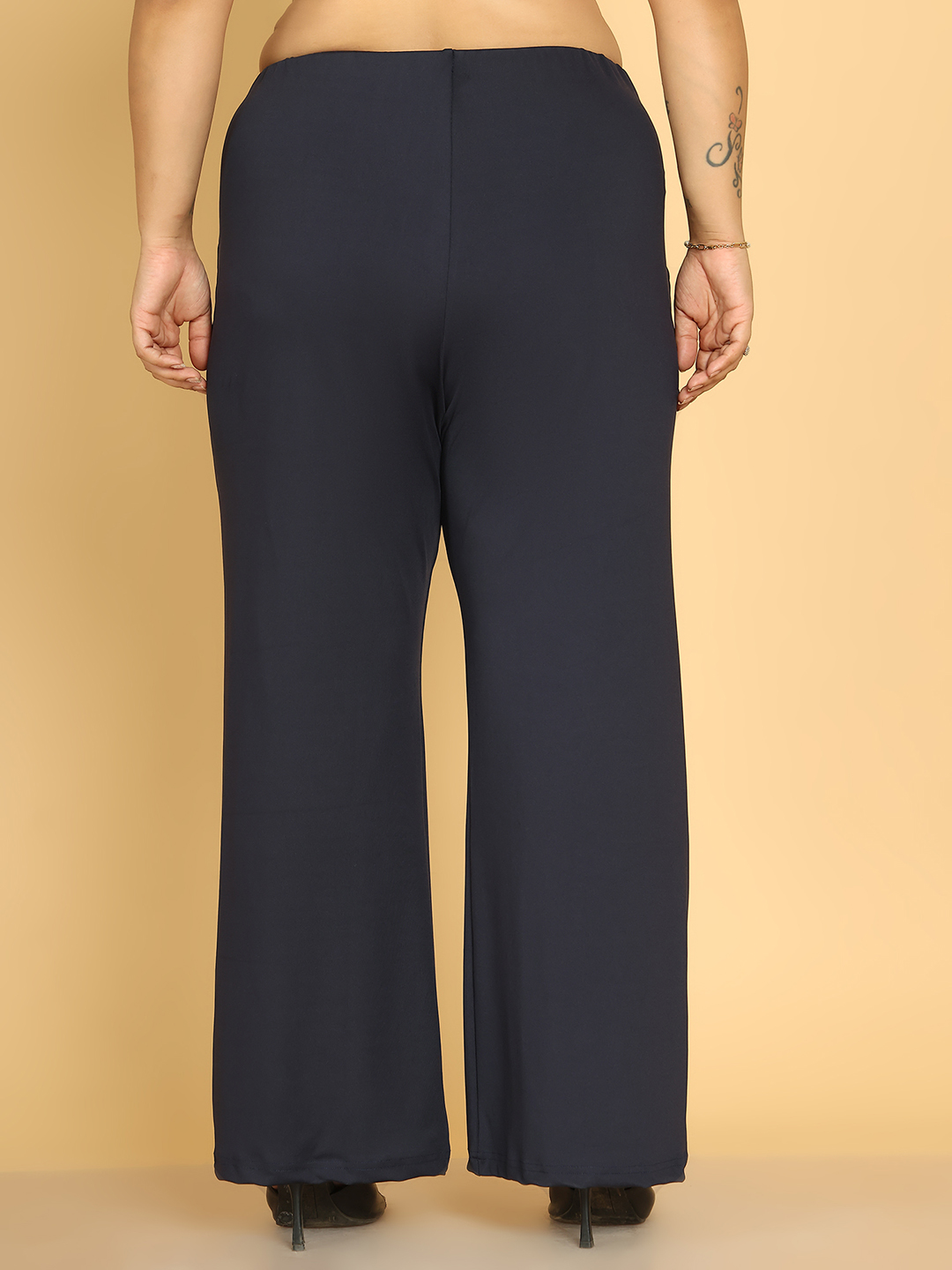 Women's Plus Size Navy Blue Solid Color Poly Trouser with waist knot tie-up detail