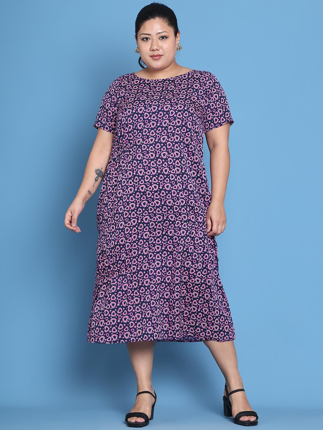Women's Plus Size Navy Heart Printed A-Line Crepe Dress