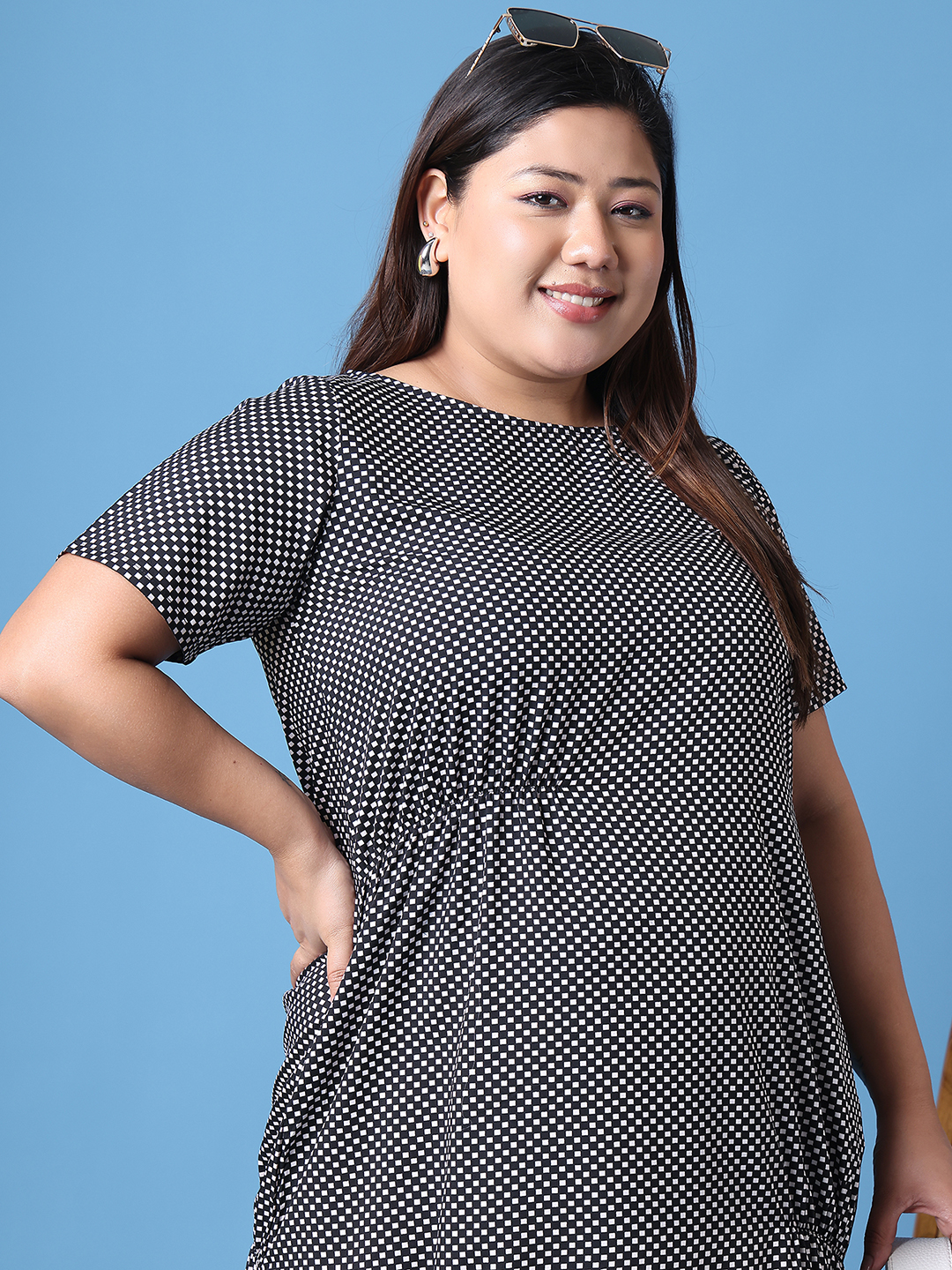 Women's Plus Size Black Geometric Printed A-Line Crepe Dress