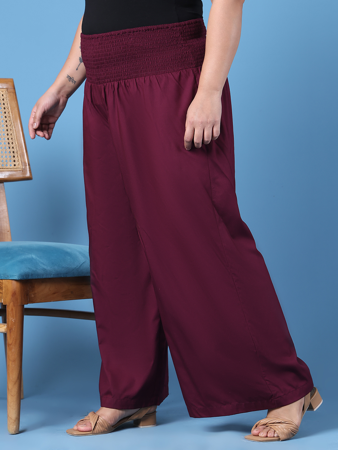 Women's Plus Size Burgundy Solid Color Woven Wide Leg Flared Trouser
