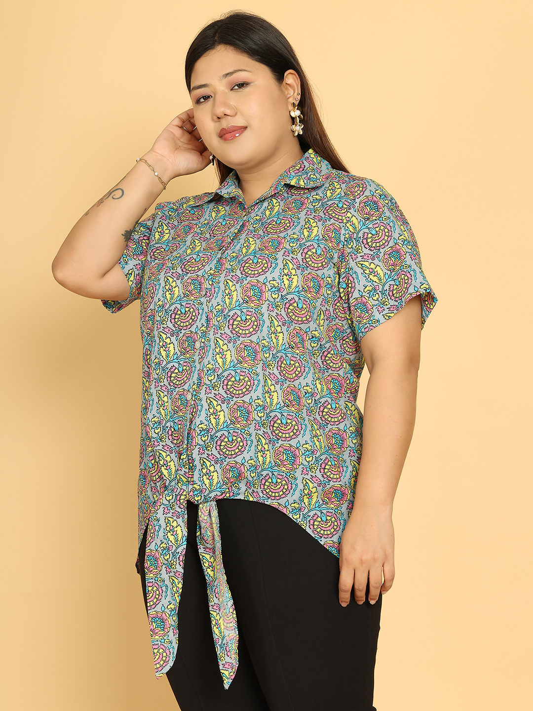 Women's Plus Size Grey Floral Printed Cotton Shirt