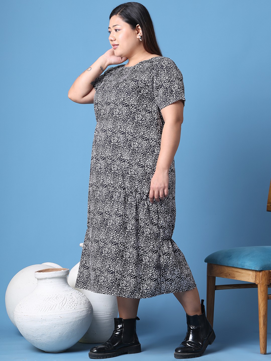 Women's Plus Size Tiger Animal Printed A-Line Crepe Dress