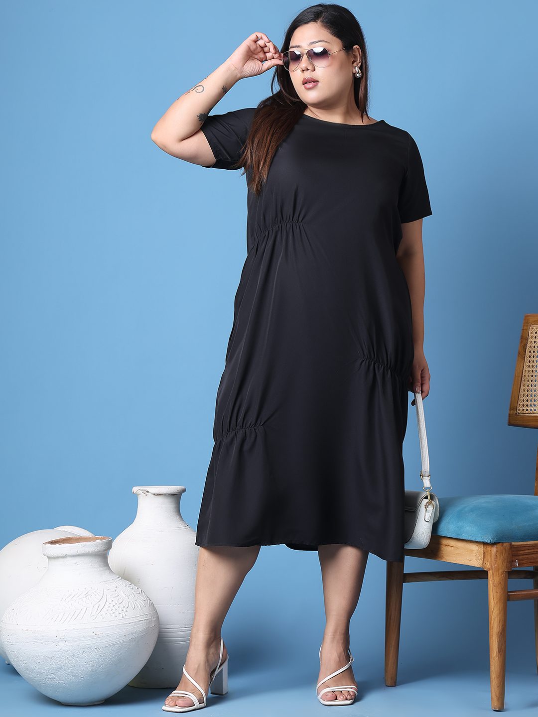 Women's Plus Size Black Solid Color A-Line Crepe Dress