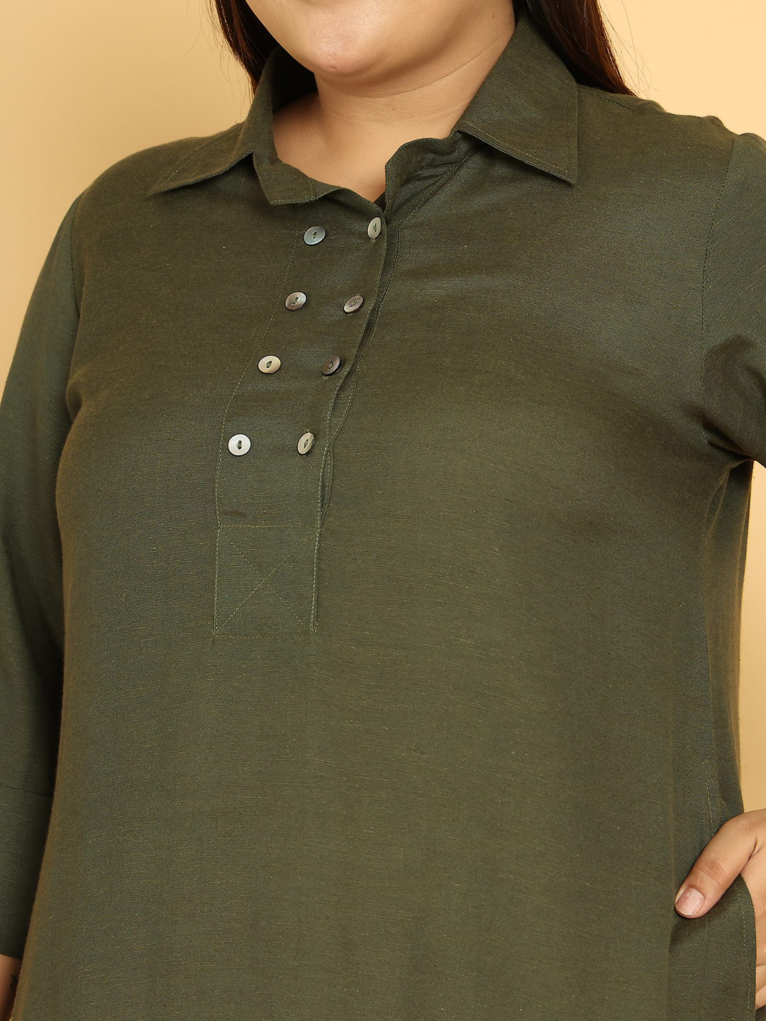 Women's Plus Size Olive Solid Color A-Line Linen Dress