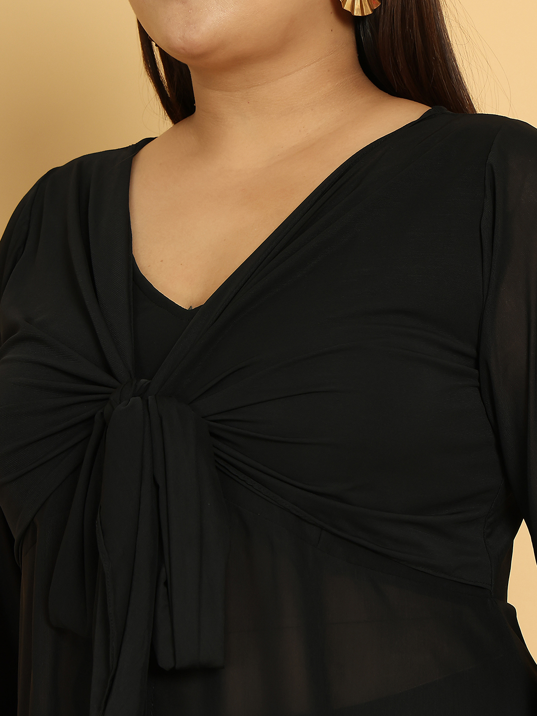 Women's Plus Size Black solid color poly knitted Tie-up mesh top
