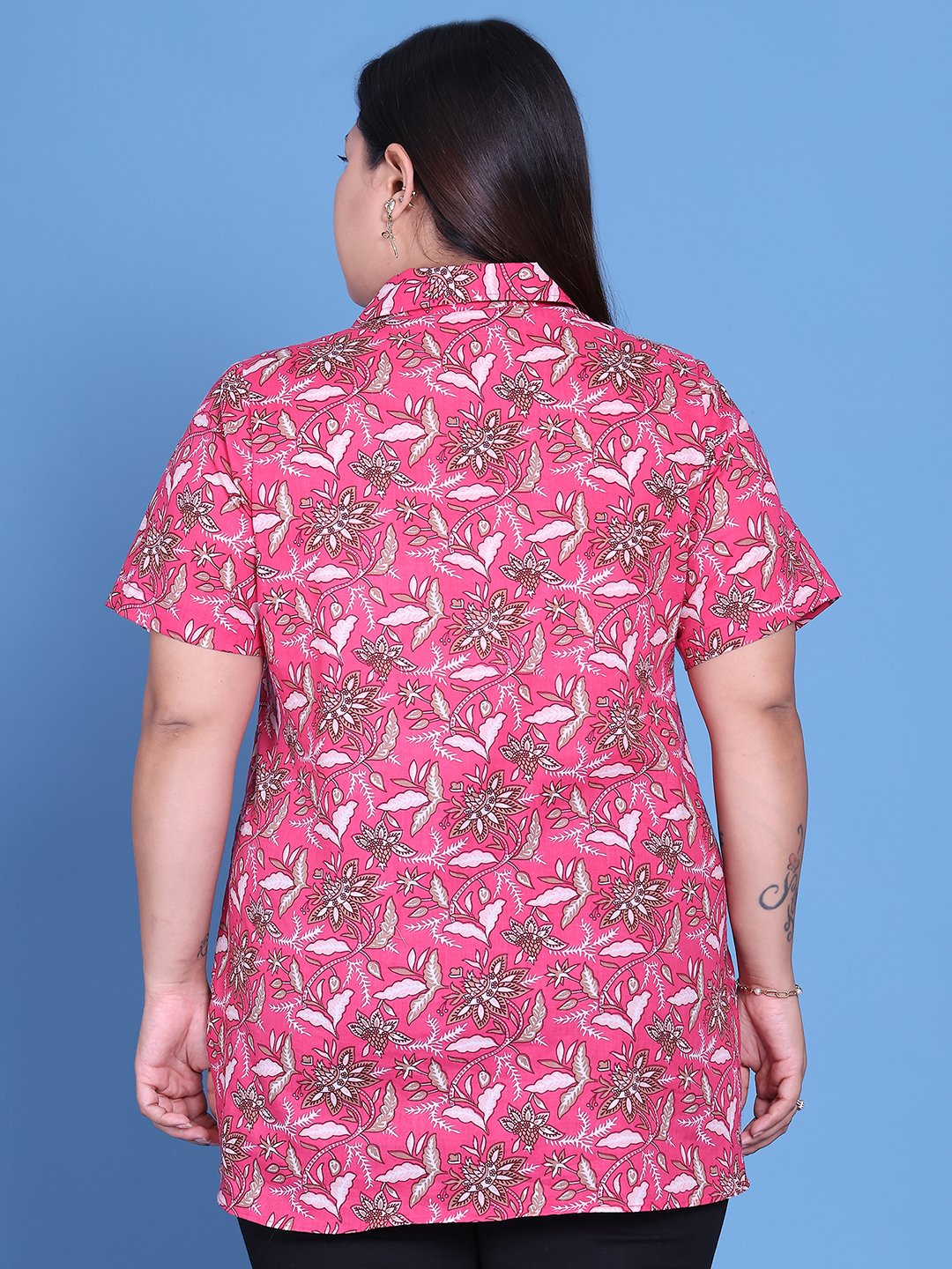 Women's Plus Size Fuchsia Floral Printed Cotton Shirt
