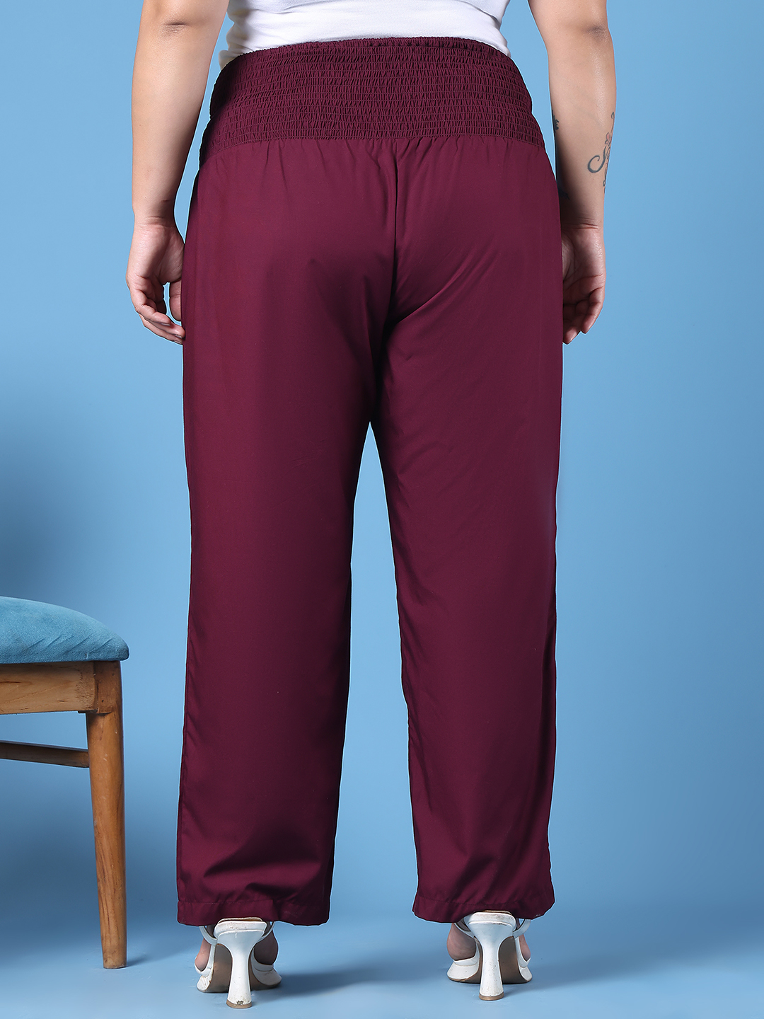 Women's Plus Size Wine Solid Color Woven Straight Fit Trouser