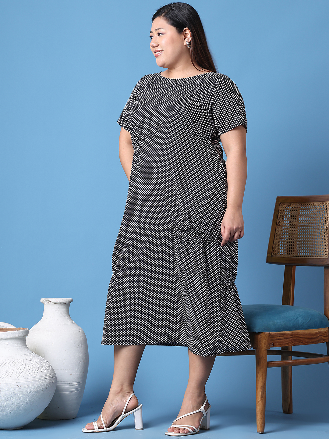 Women's Plus Size Black Geometric Printed A-Line Crepe Dress