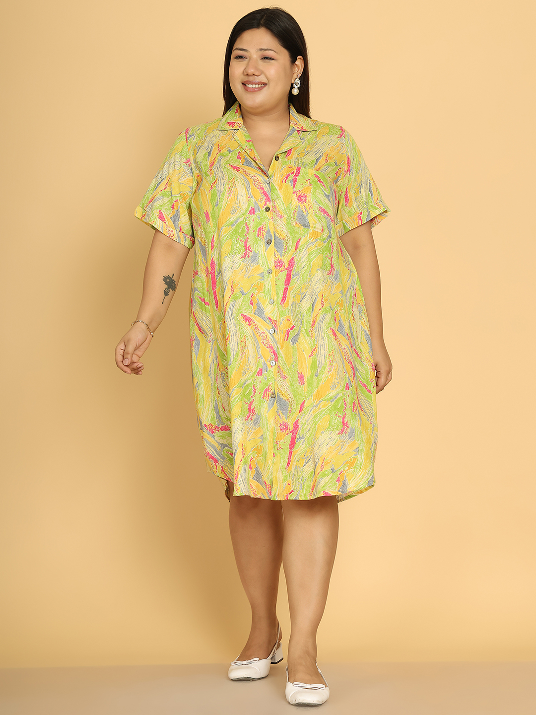 Women's Plus Size Yellow Gold Foil Printed A-Line Dress