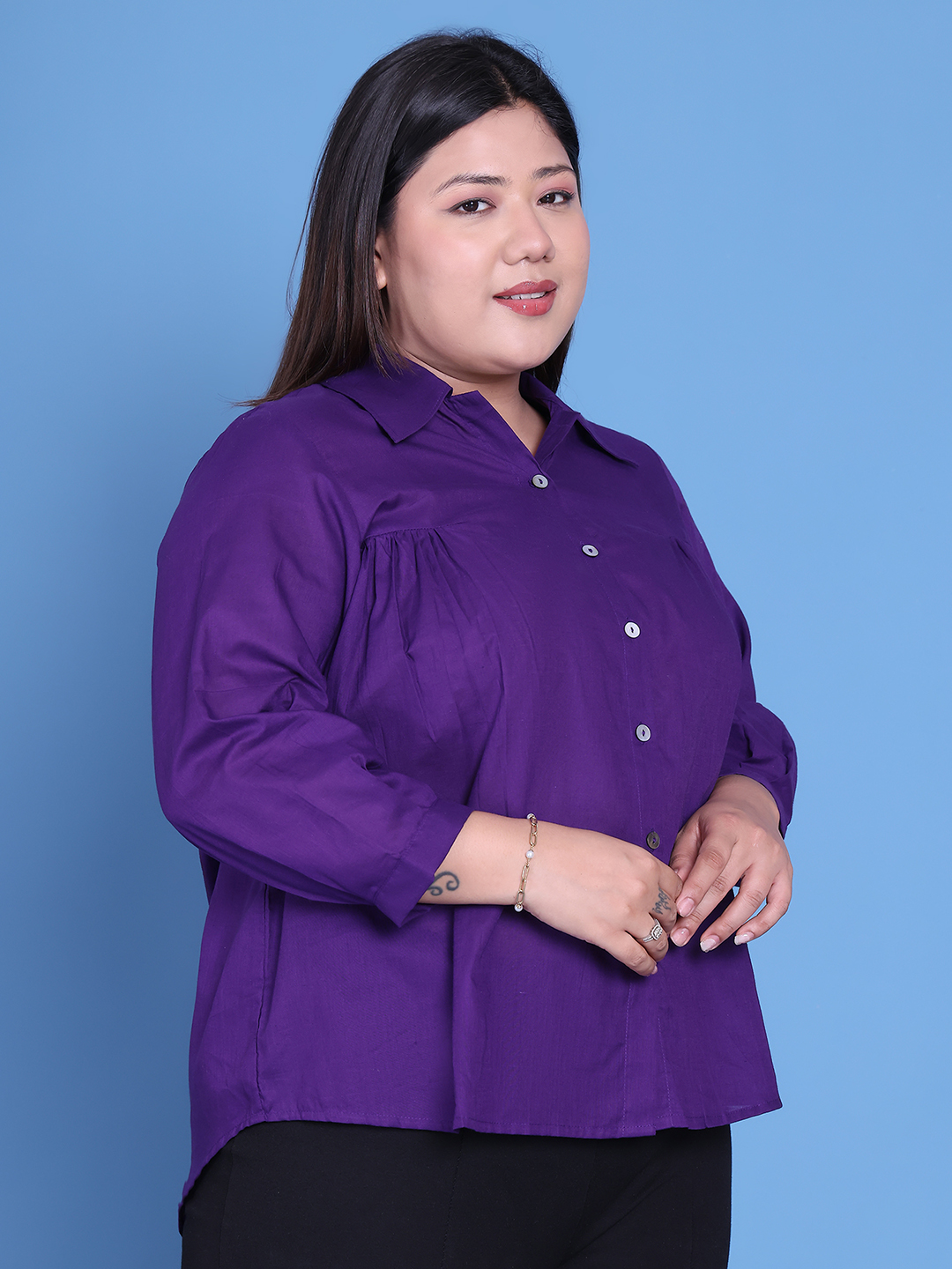 Women's Plus Size Purple Solid Color Cotton Shirt